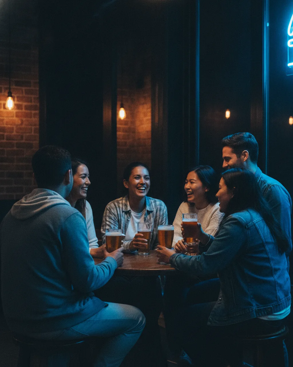 A mixed group of five people laughing around a pub table with beers, in a warm brick-walled Melbourne bar