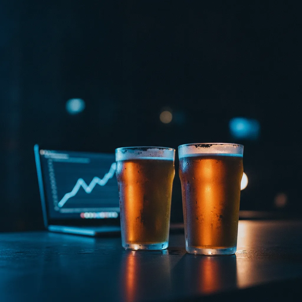 Two pints of amber beer on a dark bar counter, with a laptop glowing behind them showing a rising traffic graph